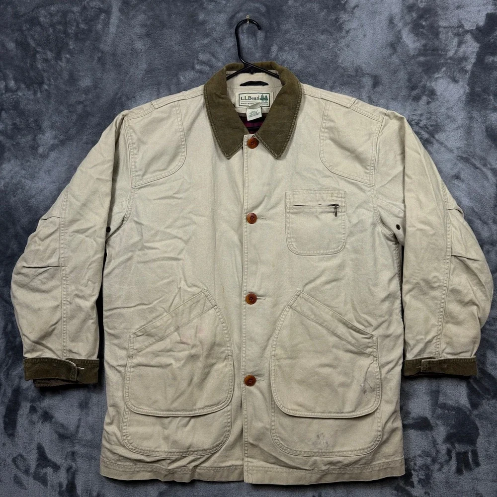 LL Bean Field Coat Mens L Tan Good Flannel Lined Canvas Corduroy Barn Jacket